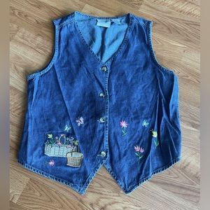 Vintage Cottagecore Embroidered Denim Vest Size Medium